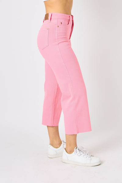 Judy Blue High Waist Tummy Control Garment Dyed Pink Wide Leg Crop Denim 88822-Jeans-Sunshine and Wine Boutique