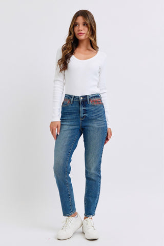 Judy Blue High Waist Plaid Patch Slim Denim Jeans 88868