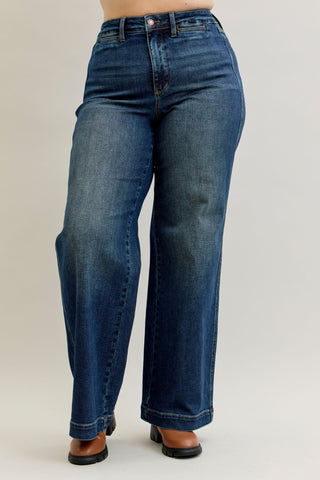 Judy Blue High Waist Front Welt Pockets Retro Wide Leg Denim Jeans 881023