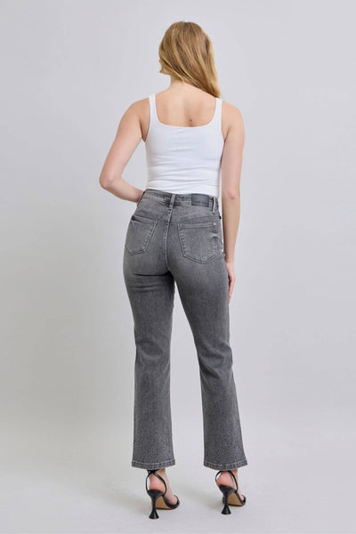 Judy Blue High Waist Rhinestone Gray Straight Denim Jeans 88919-Jeans-Sunshine and Wine Boutique