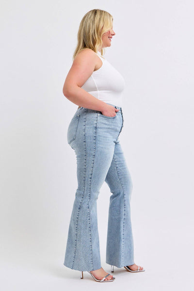 Judy Blue Mid Rise Button Fly Rhinestone Side Panel Detail Flare Denim Jeans 88895-Jeans-Sunshine and Wine Boutique