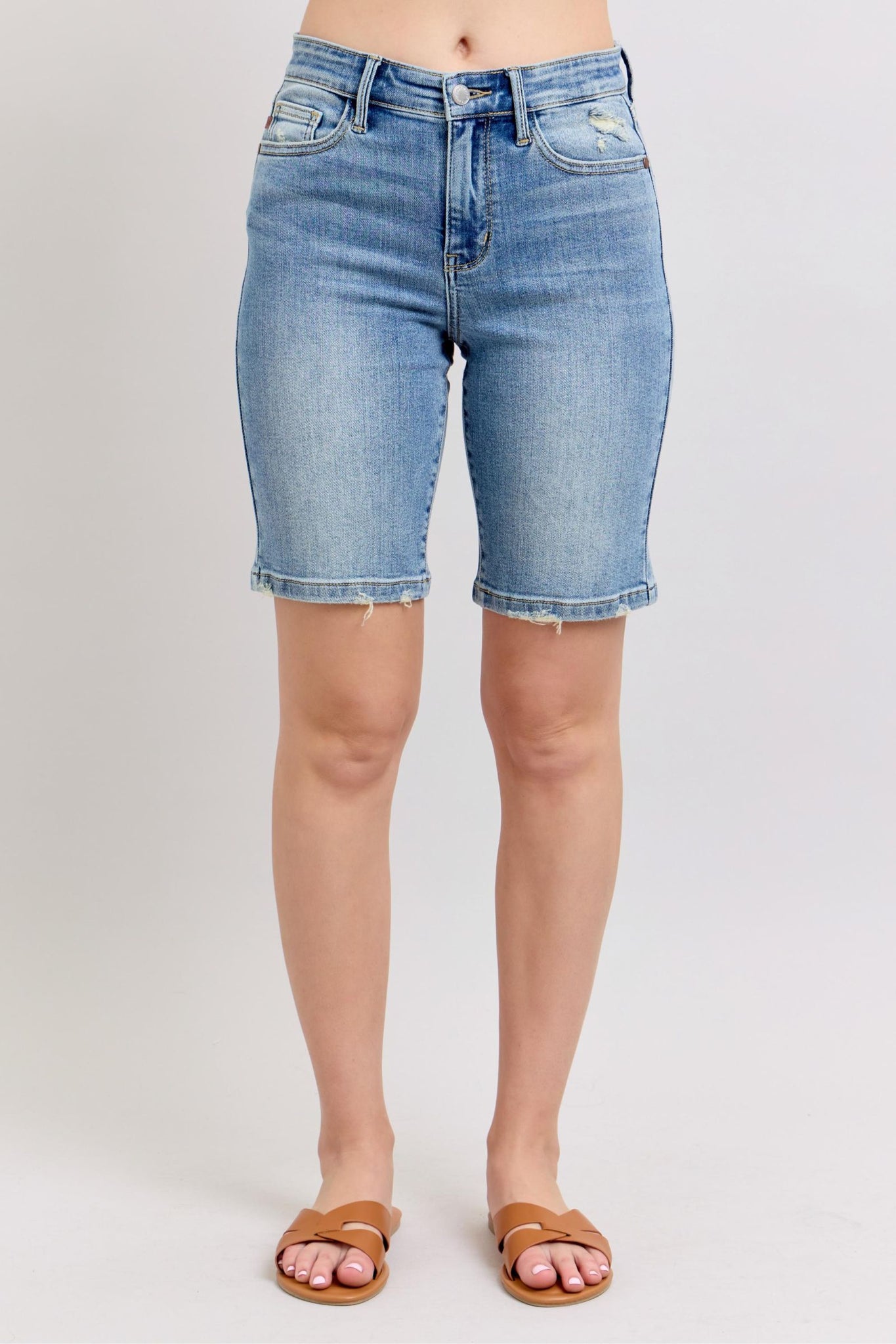Judy Blue High Waist Vintage Wash Bermuda Denim Short 152101-Shorts-Sunshine and Wine Boutique