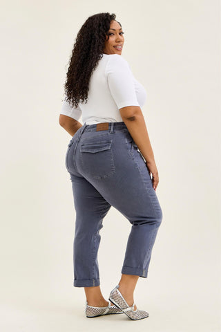 Judy Blue High Waist Aurora Weekender Garment Dyed Vintage Indigo Cuffed Slim Straight Jogger Denim Jeans 881194