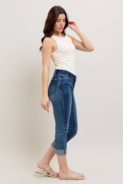 Judy Blue Mid Rise Dark Wash Cuffed Capri Denim Jeans 72121-Jeans-Sunshine and Wine Boutique