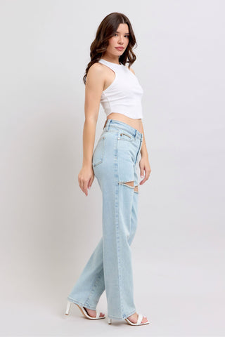 Judy Blue High Waist Rigid Magic Rhinestone Slits Detail Straight Denim Jeans 88954