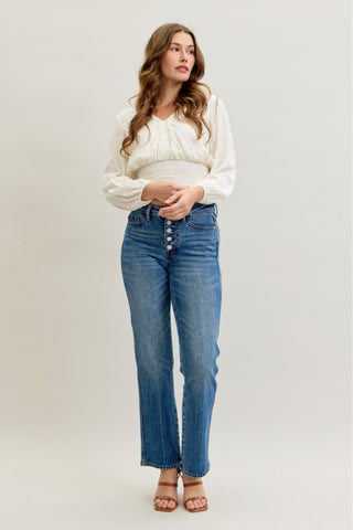 Judy Blue Mid Rise Rigid Magic Button Fly Slim Straight Denim Jeans 881011