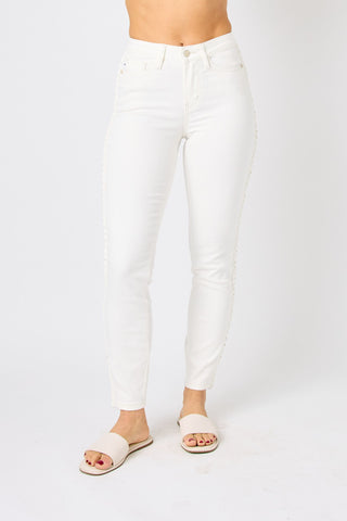 Judy Blue Mid Rise Braided Detail White Relaxed Fit Denim 88782-Jeans-Sunshine and Wine Boutique