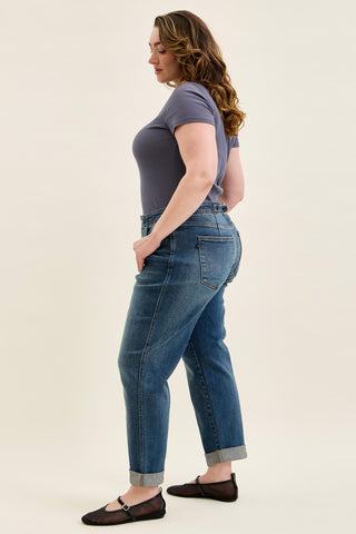 Judy Blue Mid Rise Adjustable Back Tab Hollywood Waist Boyfriend Denim Jeans 82731