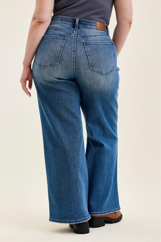 Judy Blue High Waist Tummy Control Leopard Waistband Lux Retro Wide Leg Denim Jeans 881192