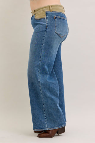 Judy Blue Mid Rise Corduroy Waist Column Straight Denim Jeans 881054