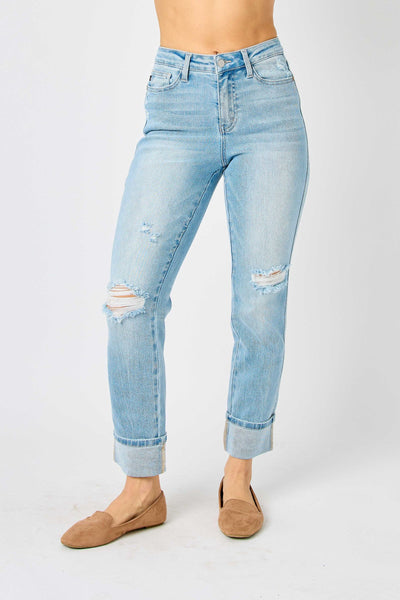 Judy Blue Mid Rise Flag Cuff Boyfriend Denim 88723-Jeans-Sunshine and Wine Boutique