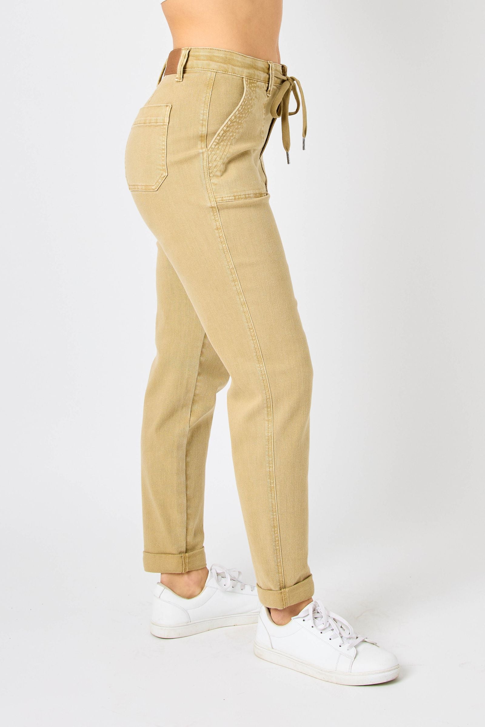 Judy Blue High Waist Garment Dyed Khaki Cuffed Jogger Denim