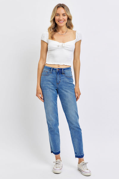 Judy Blue Mid Rise Rigid Magic Release Hem Boyfriend Denim 88818-Jeans-Sunshine and Wine Boutique