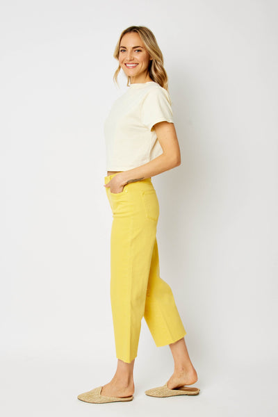 Judy Blue High Waist Garment Dyed Yellow Braided Waistband Wide Leg Crop Denim 88777-Jeans-Sunshine and Wine Boutique