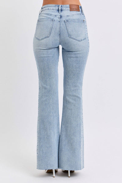Judy Blue Mid Rise Button Fly Rhinestone Side Panel Detail Flare Denim Jeans 88895-Jeans-Sunshine and Wine Boutique