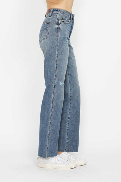 Judy Blue High Waist "Tummy Control" Raw Hem Straight Denim 88848-Jeans-Sunshine and Wine Boutique