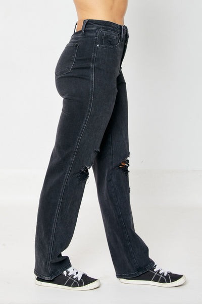 Judy Blue High Rise Rigid Magic 90's Distressed Straight Jeans in Black 88737-Jeans-Sunshine and Wine Boutique