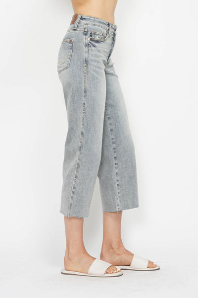 Judy Blue Mid Rise Tummy Control Raw Hem Wide Leg Crop Denim 88903-Jeans-Sunshine and Wine Boutique