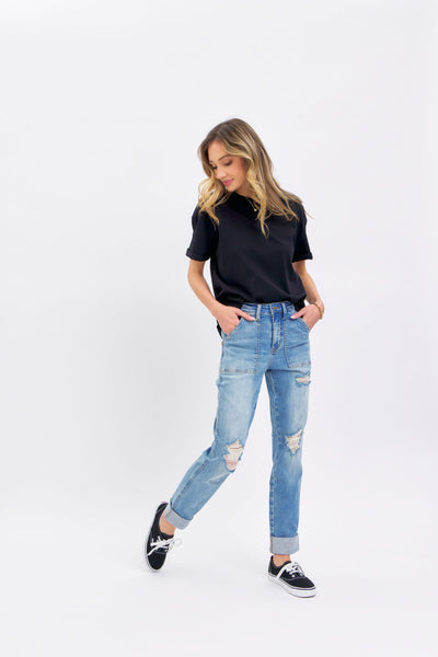 Judy Blue High Waist Patch Pocket & Destroy Boyfriend Denim 88825-Jeans-Sunshine and Wine Boutique