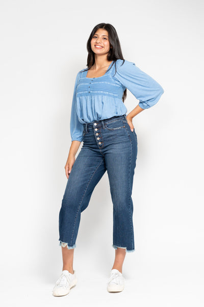 Judy Blue High Waist Button Fly Destroy Wide Leg Crop Denim Jeans 88887-Jeans-Sunshine and Wine Boutique