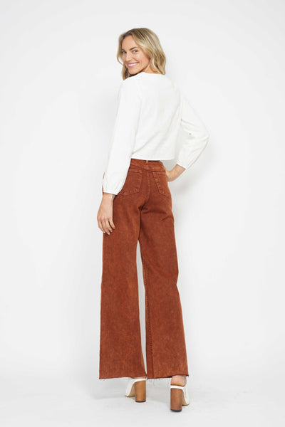 Judy Blue High Waist Garment Dyed Pumpkin Spice Raw Hem Retro Wide Leg Denim 88888-Jeans-Sunshine and Wine Boutique