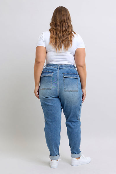 Judy Blue High Waist Cargo Cuff Jogger Denim Jeans 88909-Jeans-Sunshine and Wine Boutique