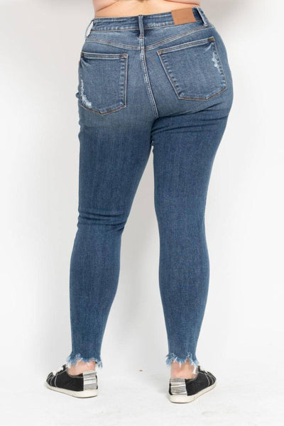 Judy Blue High Waist Destroy & Shark Bite Hem Skinny Denim Jeans 82491-Jeans-Sunshine and Wine Boutique