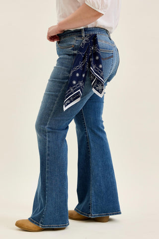 Judy Blue Mid Rise Triple Needle Pockets & Bandana Loop Jaqueline Flare Denim Jeans 82726