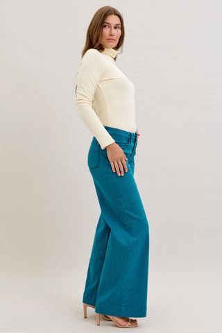 Judy Blue Mid Rise Teal Utility Wide Leg Denim Jeans 881061