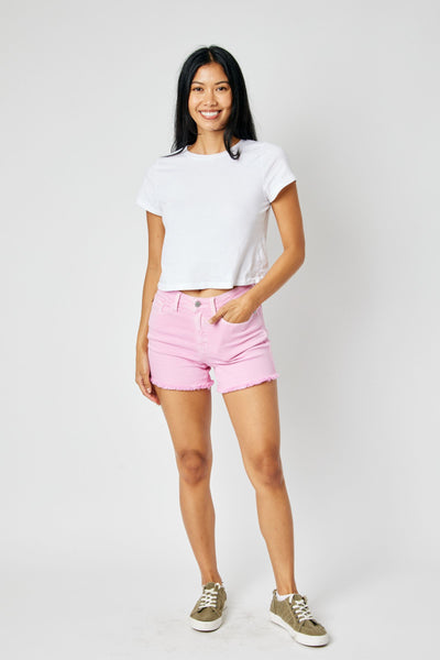 Judy Blue Mid Rise Garment Dyed Pink Fray Hem Denim Short 150225-Shorts-Sunshine and Wine Boutique