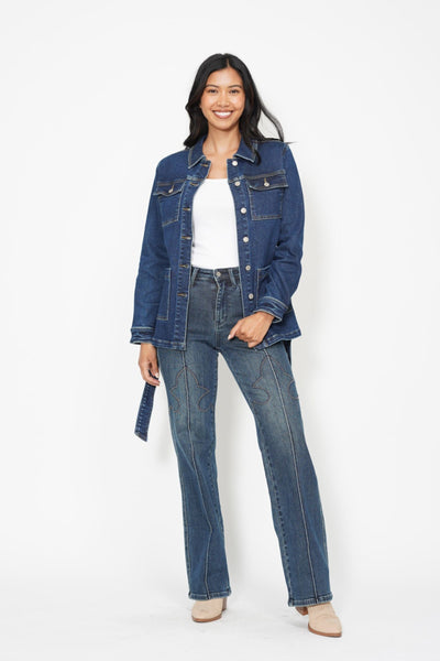 Judy Blue Mid Length Denim Utility Side Slit Jacket 7876-Jeans-Sunshine and Wine Boutique