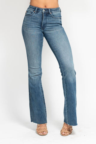 Judy Blue Mid Rise Tummy Control Vintage Wash Cut Hem Flare Denim 88472-Jeans-Sunshine and Wine Boutique