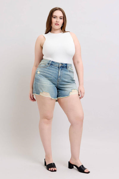 Judy Blue High Waist Vintage Wash Fly Stitch Detail & Destroy Denim Short 150323-Shorts-Sunshine and Wine Boutique