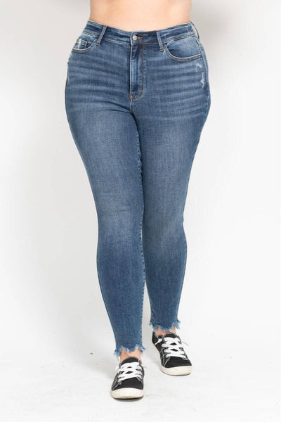 Judy Blue High Waist Destroy & Shark Bite Hem Skinny Denim Jeans 82491-Jeans-Sunshine and Wine Boutique