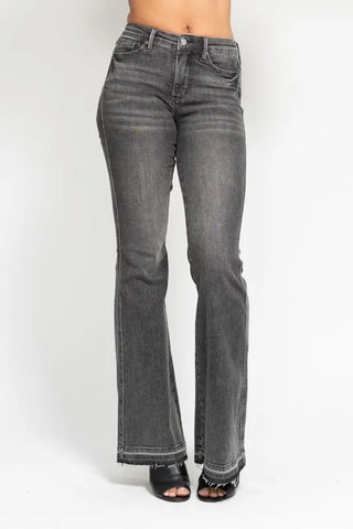 Judy Blue Full Size Mid Rise Tummy Control Washed Gray Release Hem Flare Jeans Plus Size