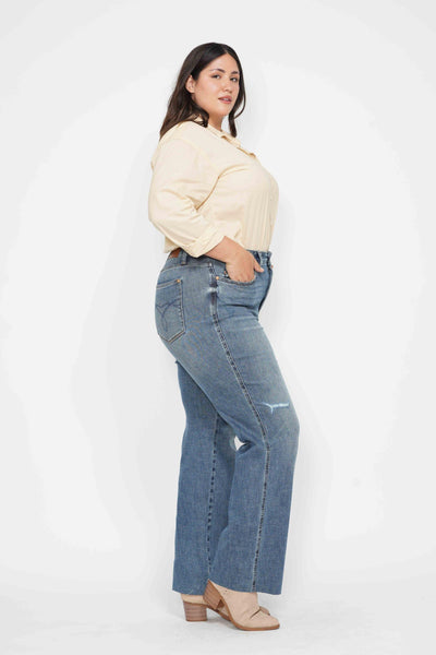 Judy Blue High Waist "Tummy Control" Raw Hem Straight Denim 88848-Jeans-Sunshine and Wine Boutique