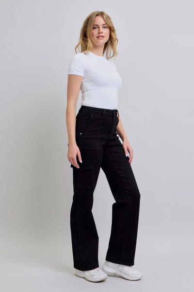 Judy Blue High Waist Cargo Wide Leg Black Denim Jeans 88886-Jeans-Sunshine and Wine Boutique