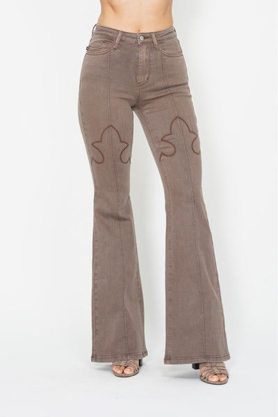 Judy Blue High Waist Garment Dyed Knee Seam Detail & Shield Pockets Flare Denim 88846-Jeans-Sunshine and Wine Boutique