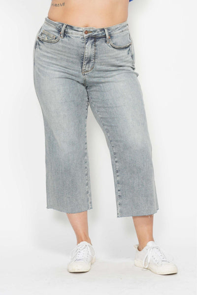 Judy Blue Mid Rise Tummy Control Raw Hem Wide Leg Crop Denim 88903-Jeans-Sunshine and Wine Boutique