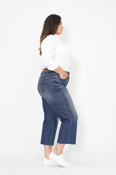 Judy Blue High Waist Back Pocket Embroidery Crop Wide Leg Denim 88873-Jeans-Sunshine and Wine Boutique