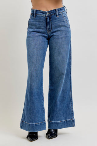 Judy Blue Mid Rise Trouser Retro Wide Leg Denim Jeans 82674 - Petite