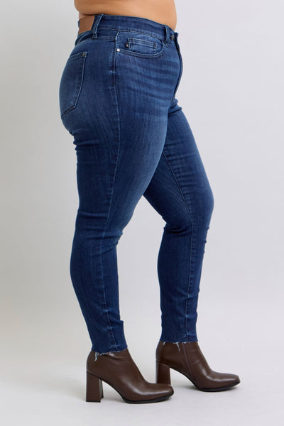 Judy Blue Mid Rise Raw Hem Skinny Denim Jeans 82628-Jeans-Sunshine and Wine Boutique