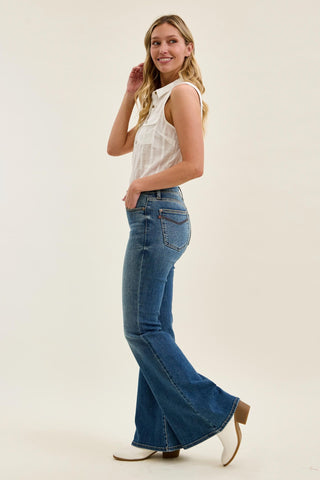 Judy Blue Mid Rise Triple Needle Pockets & Bandana Loop Jaqueline Flare Denim Jeans 82726
