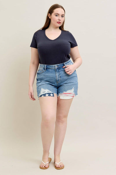 Judy Blue High Waist Front & Back Pocket American Flag Fray Hem Denim Short 150321-Shorts-Sunshine and Wine Boutique