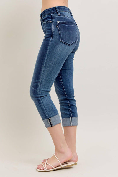Judy Blue Mid Rise Dark Wash Cuffed Capri Denim Jeans 72121-Jeans-Sunshine and Wine Boutique