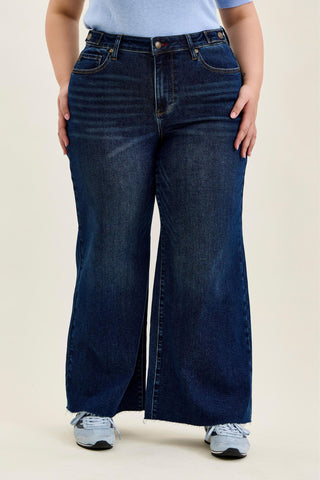 Judy Blue High Waist Adjustable Waistband Tabs Raw Hem Retro Wide Leg Denim Jeans 881114 - Petite