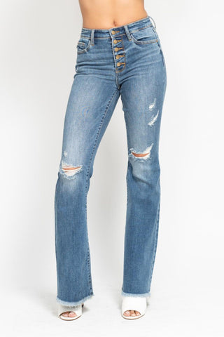 Judy Blue Mid Rise Button Fly Destroyed Fray Hem Flare Denim Jeans 82638-Jeans-Sunshine and Wine Boutique