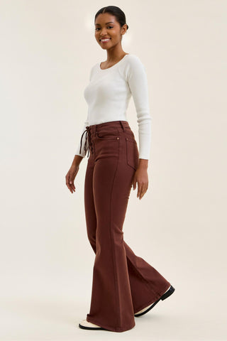 Judy Blue High Waist Cocoa Brown Lace Up Jaqueline Flare Denim Jeans 881179