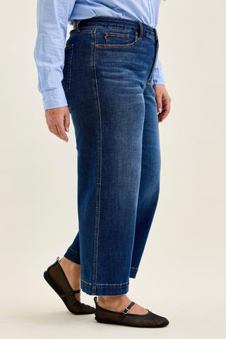 Judy Blue High Waist Tummy Control Deep Indigo Claudia Ankle Wide Leg Denim Jeans 881187