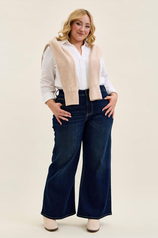 Judy Blue High Waist Lux Dark Twighlight Retro Wide Leg Denim Jeans 82748 - Petite